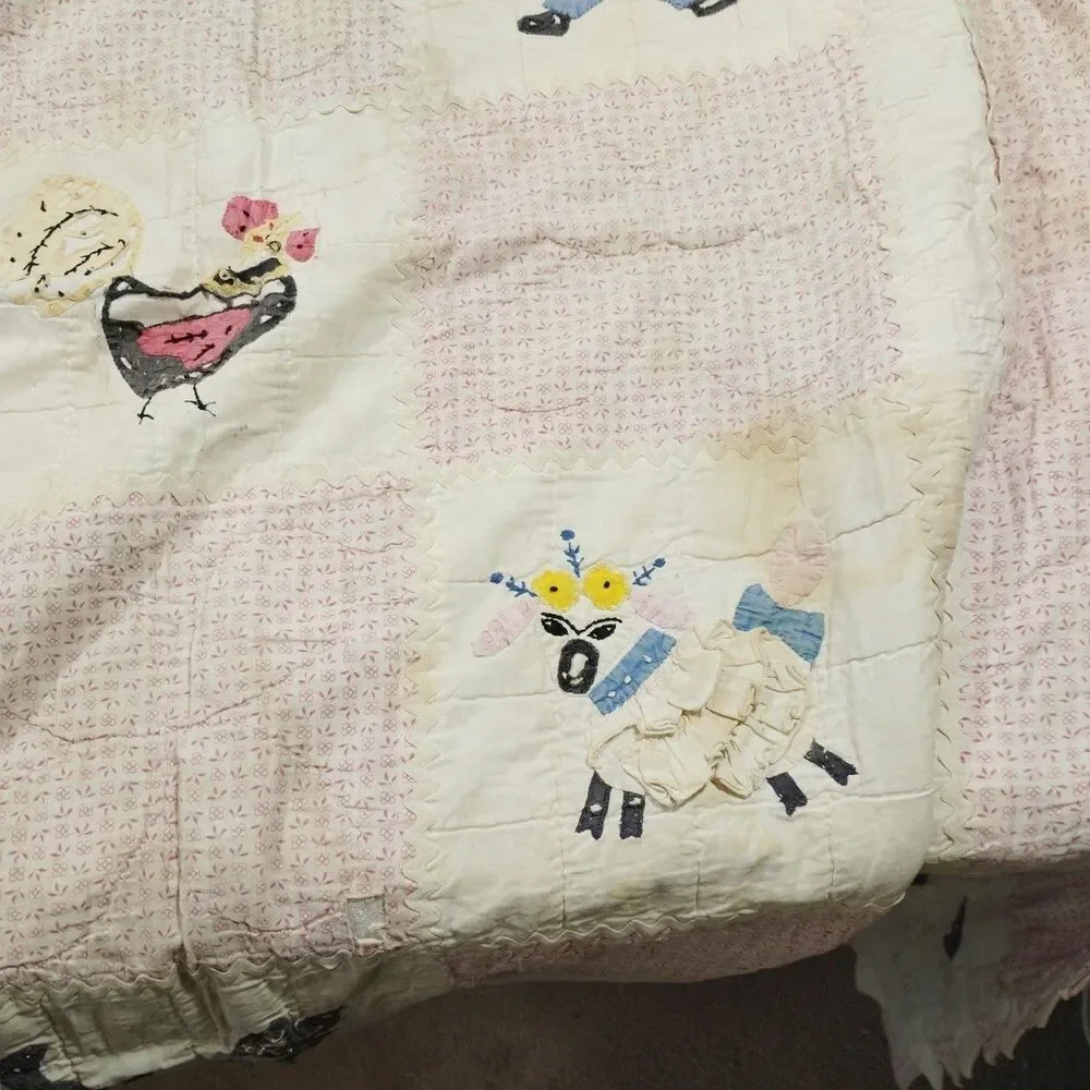 Vintage Hand Stitched Quilt Baby Blanket Farm Handmade 39